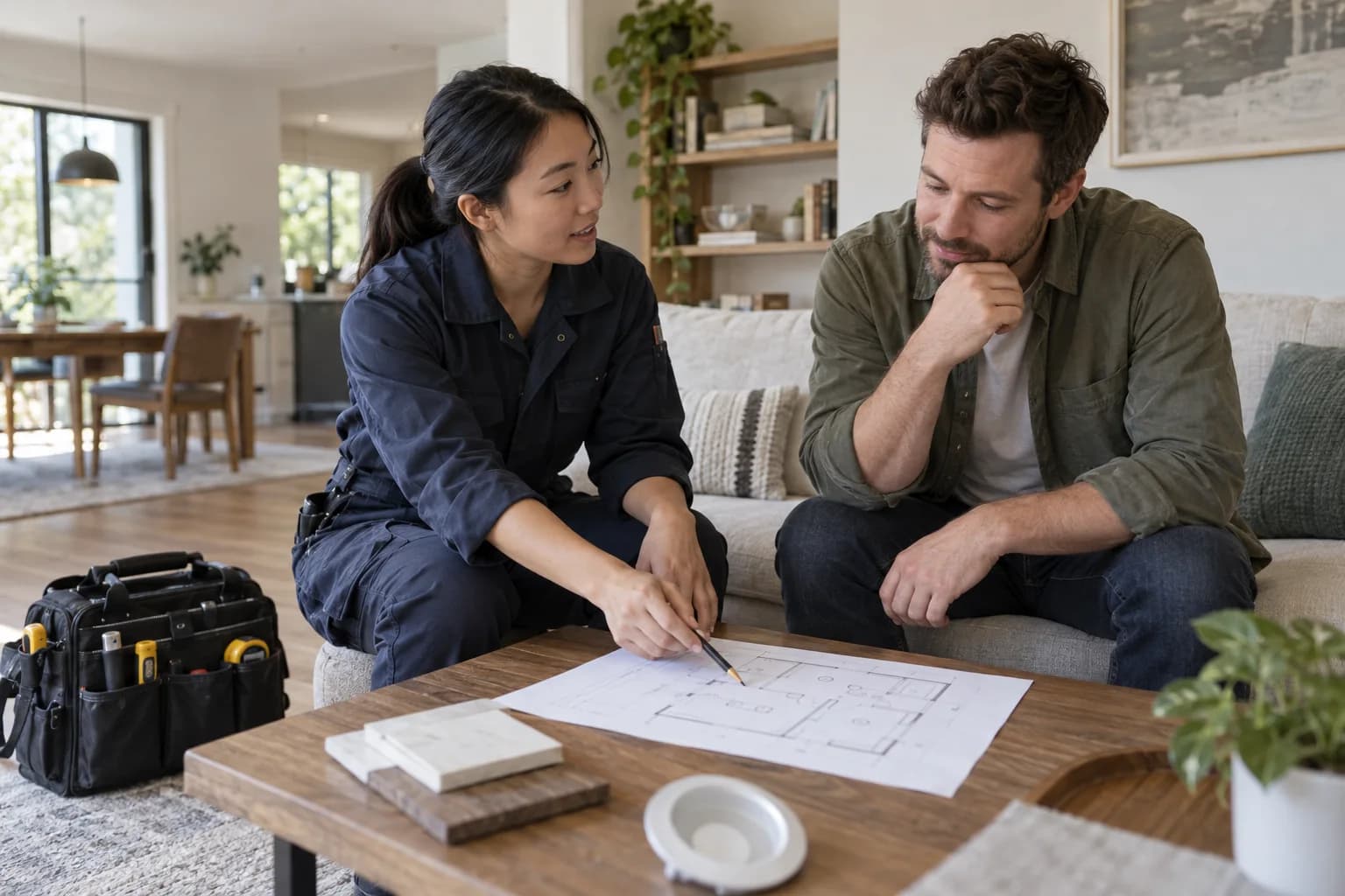 Electrician discussing a lighting plan with a homeowner