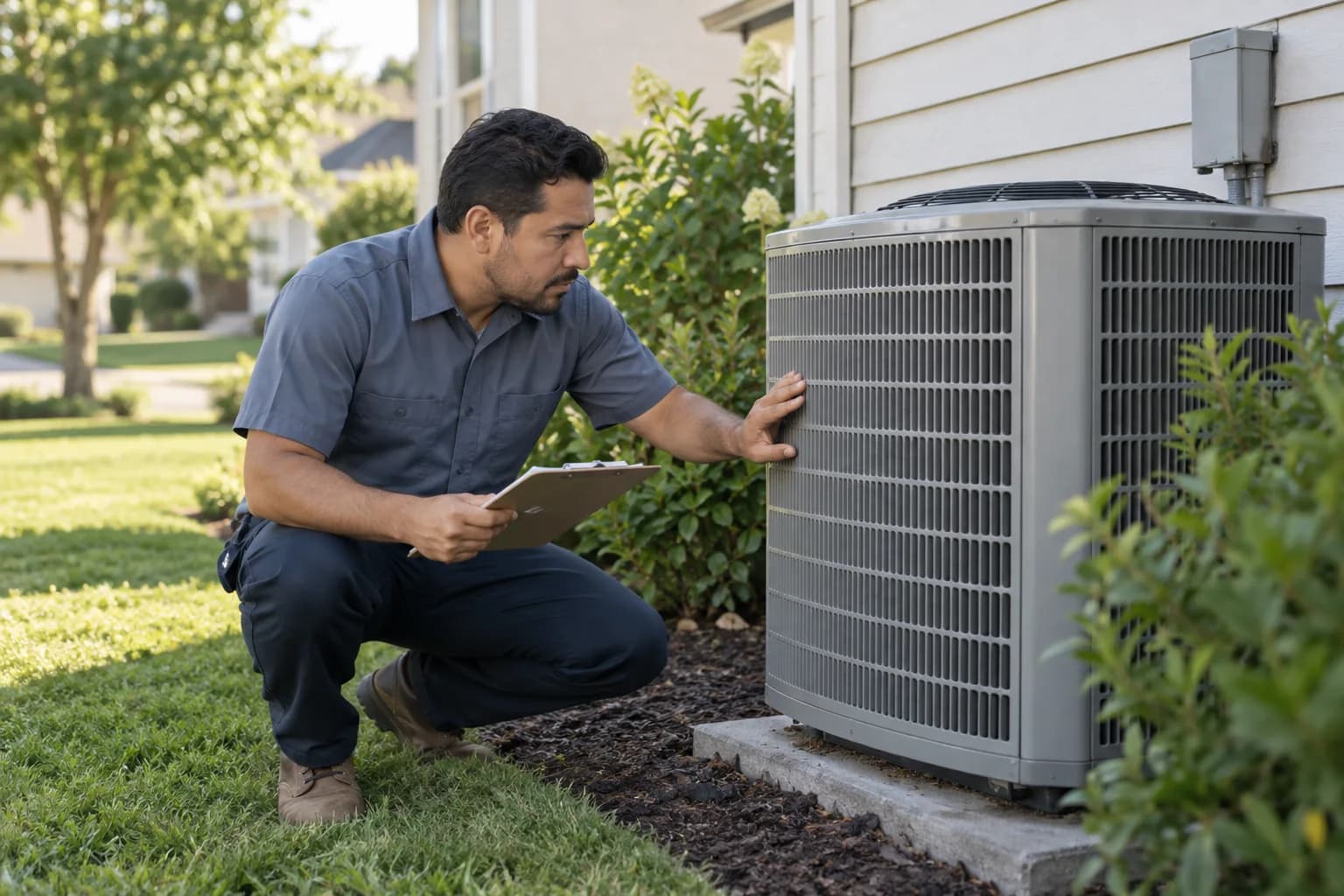 HVAC technician inspecting an outdoor air-conditioning unit