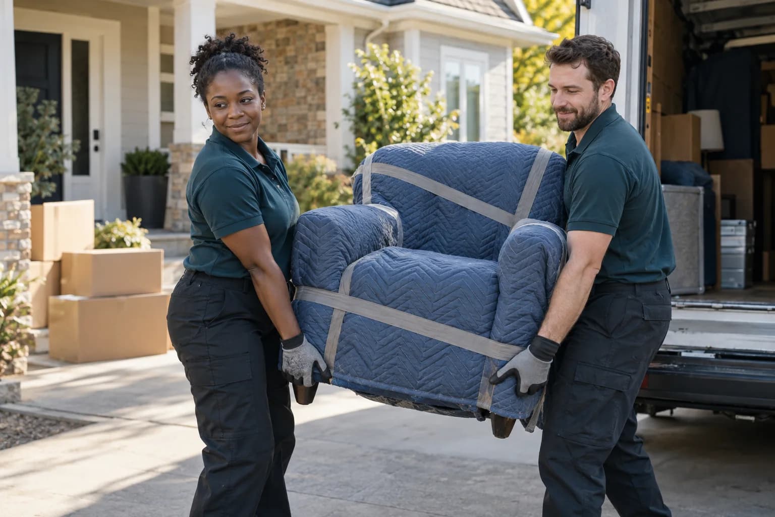 Two movers carrying a protected armchair to a van