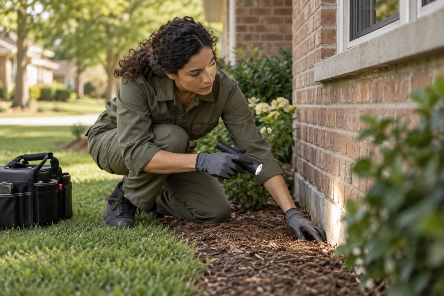 Pest-control professional inspecting the outside of a home