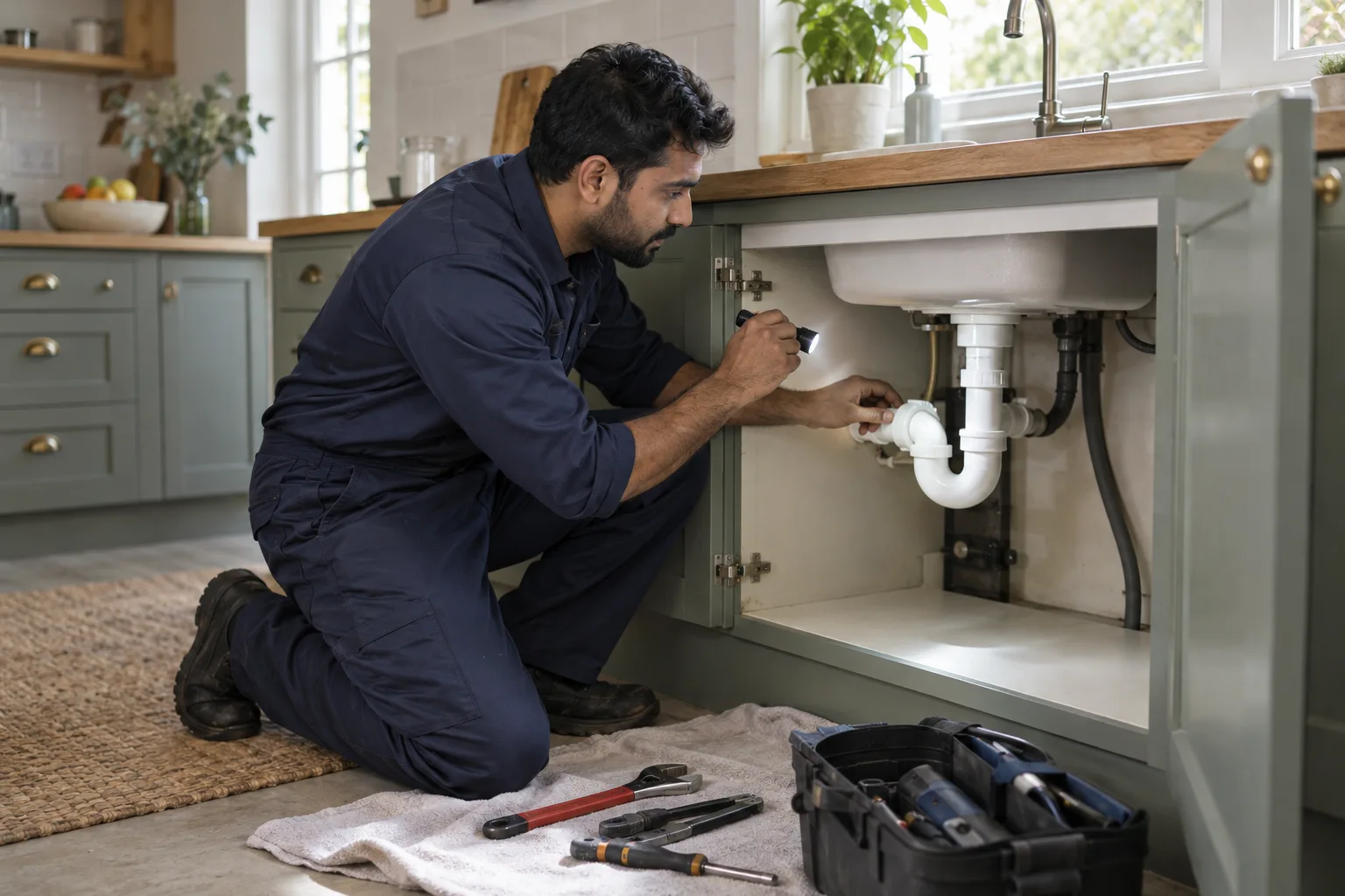 Plumber inspecting pipes beneath a kitchen sink