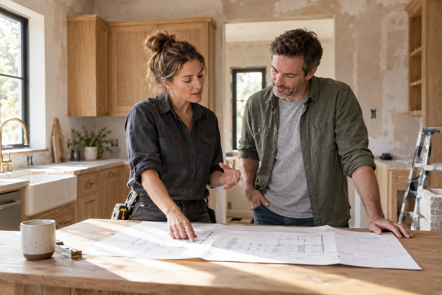 Renovation contractor and homeowner reviewing kitchen plans